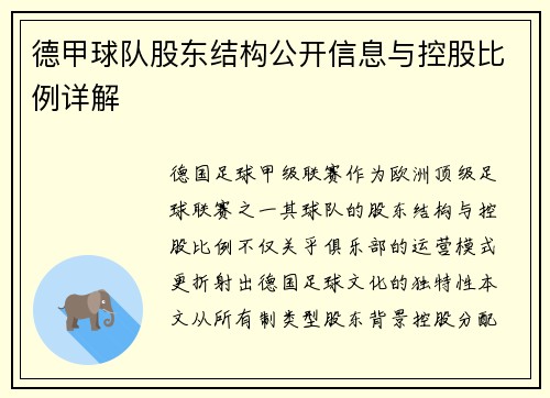 德甲球队股东结构公开信息与控股比例详解