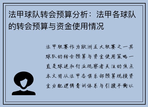 法甲球队转会预算分析：法甲各球队的转会预算与资金使用情况
